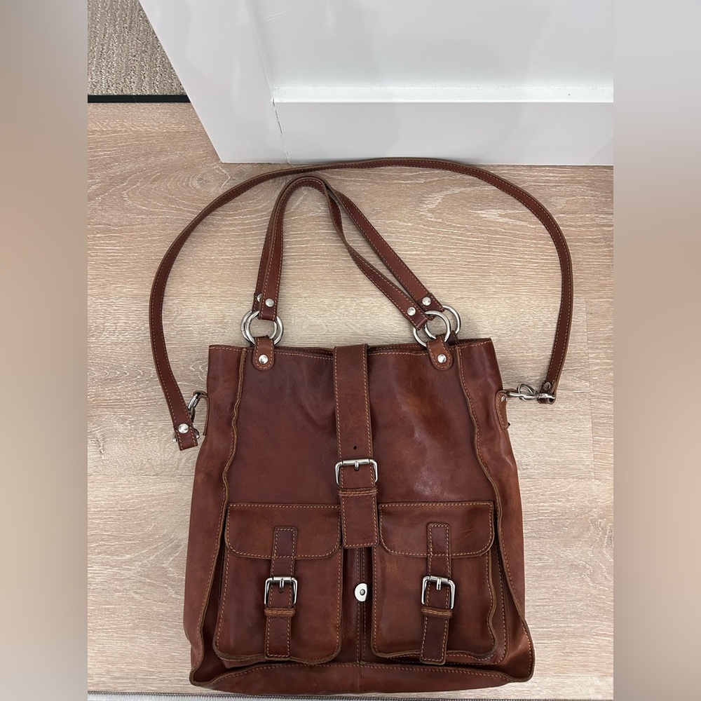 Genuine Brown Leather Tote Bag with Silver Hardware Made in Italy
